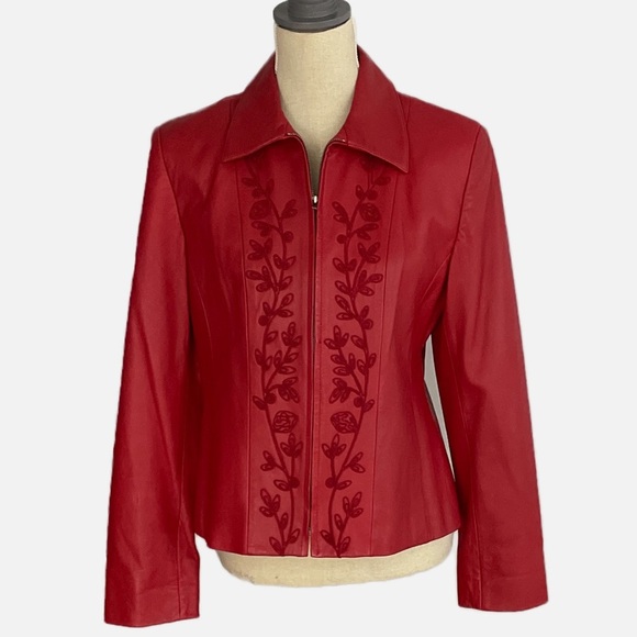 Jones New York Leather Jacket Embroidered Floral Size 8 Red Zip Lined Pockets - Picture 1 of 13